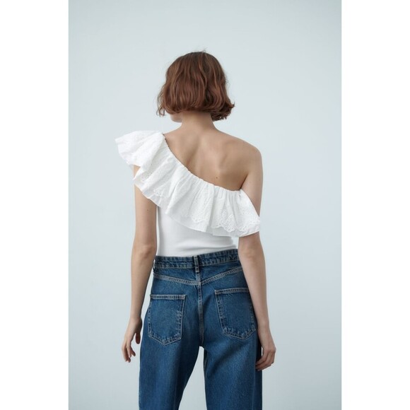 White Zara One Shoulder Openwork Eyelet Embroidered Ruffle Bodysuit (NWT) - Picture 4 of 8